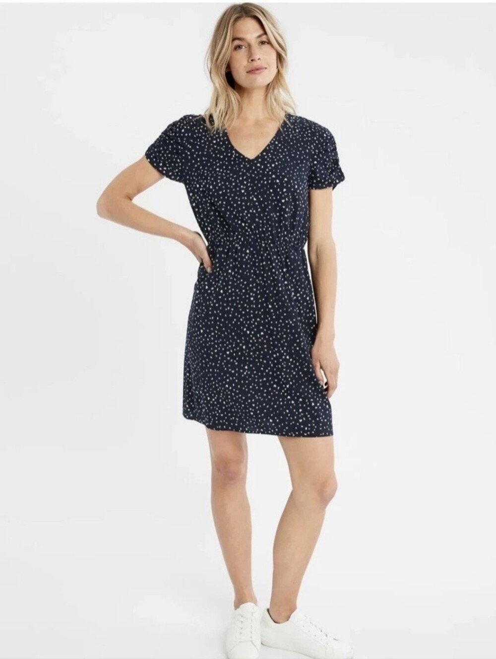Banana Republic Puff Sleeve Fit & Flare Dress Navy Blue With Hearts